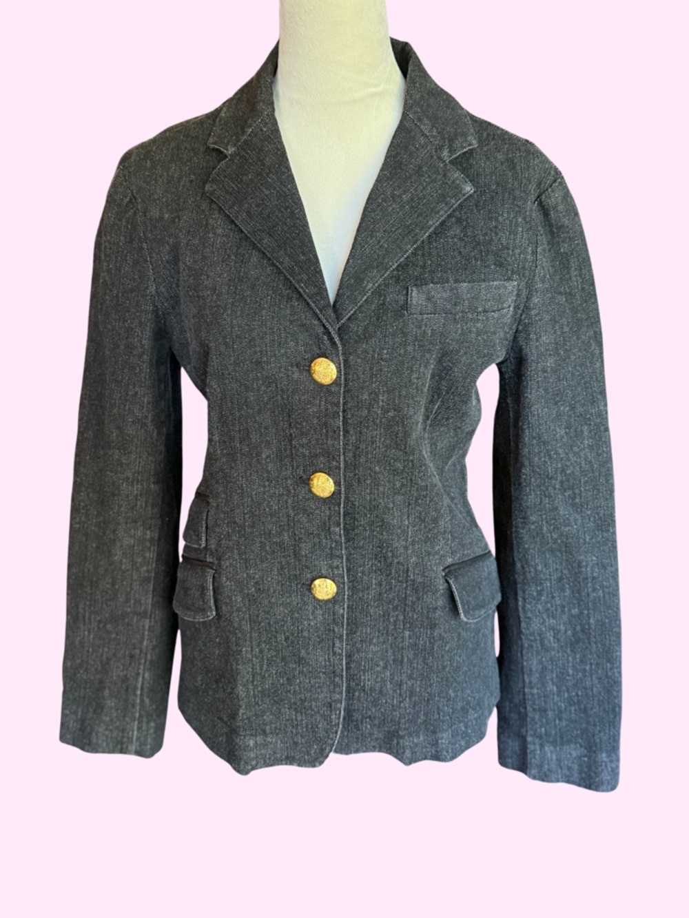 Vintage Ralph Lauren Black Denim Equestrian Blazer Gold Crest Buttons 14 fits L